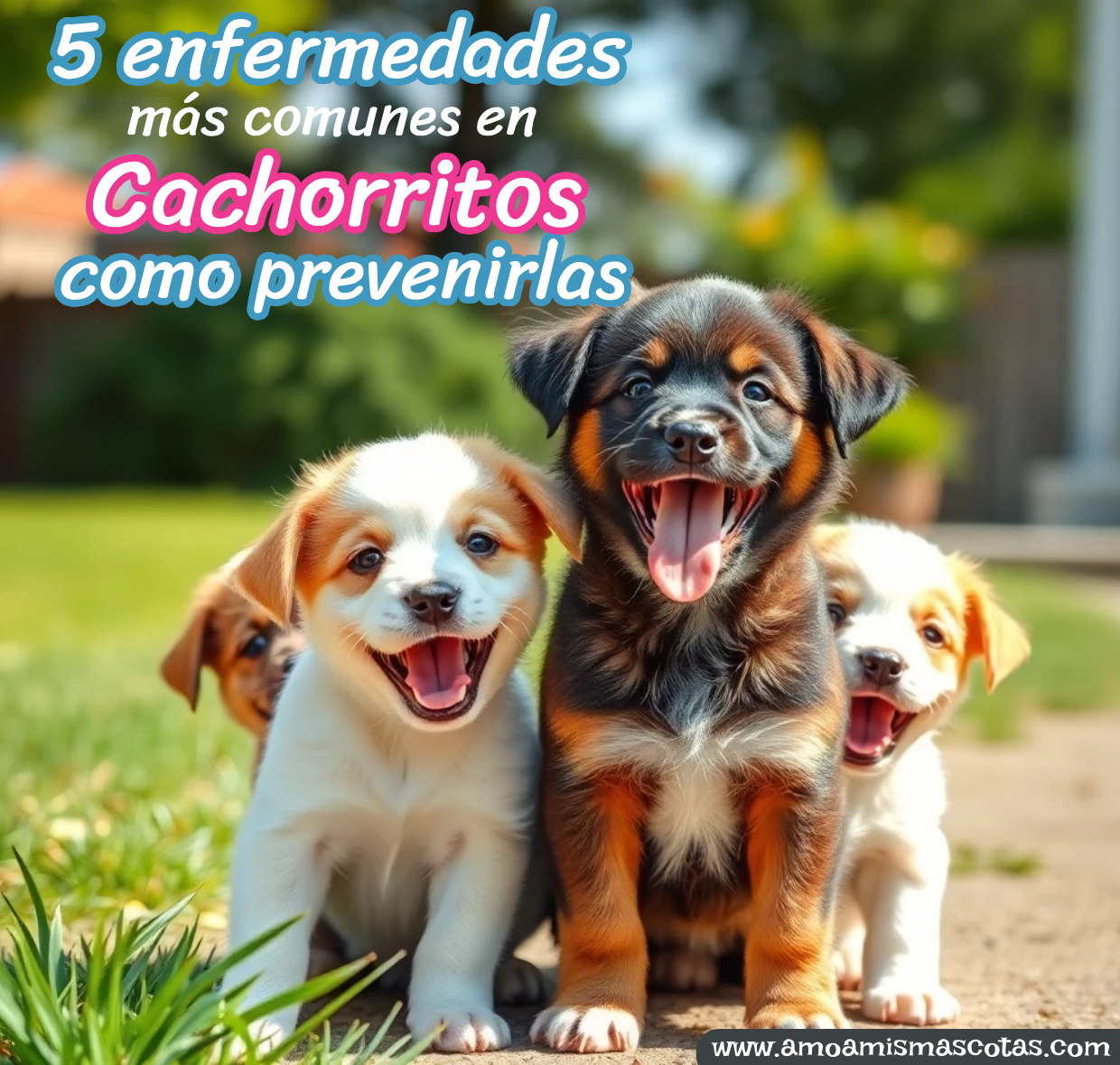 Grupo de cachorritos felices con texto sobre enfermedades comunes y prevención