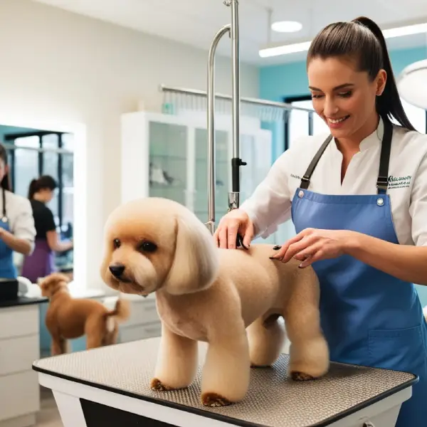 Salón de Estética Canina: Cuidado y Arreglo Profesional para Perros. Salón de estética canina con un perro siendo arreglado por un groomer profesional.