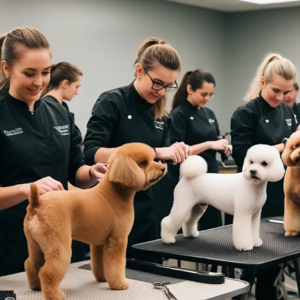Groomers y estudiantes de estilistas de mascotas practicando técnicas de grooming en perros