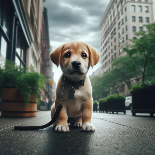 Perrito perdido en la calle de la ciudad buscando su hogar