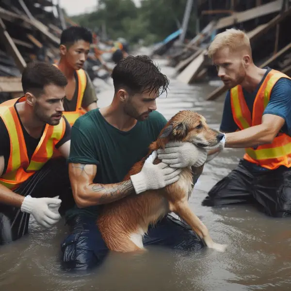 Voluntarios rescatistas de animales en acción, salvando un perro