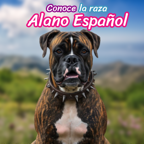 Infografía detallada del perro Alano Español con información sobre su tamaño, peso, origen y pelaje.