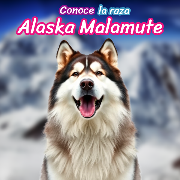 Infografía sobre las características del Alaska Malamute: tamaño, peso, altura, origen y colores