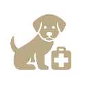 Icono de un perro con cruz indicando auxilio veterinario dfark