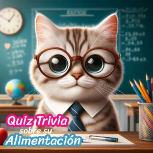 Gato elegante con corbata, lentes y texto invitando a resolver el quiz de alimentación felina.