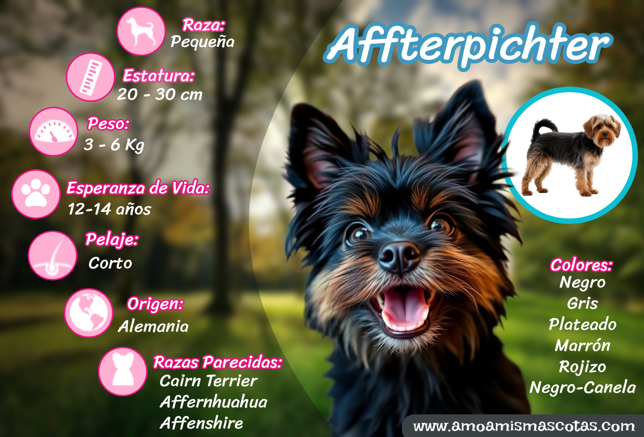 Infografía sobre el Affenpinscher con datos sobre tamaño, peso, origen y cuidados.