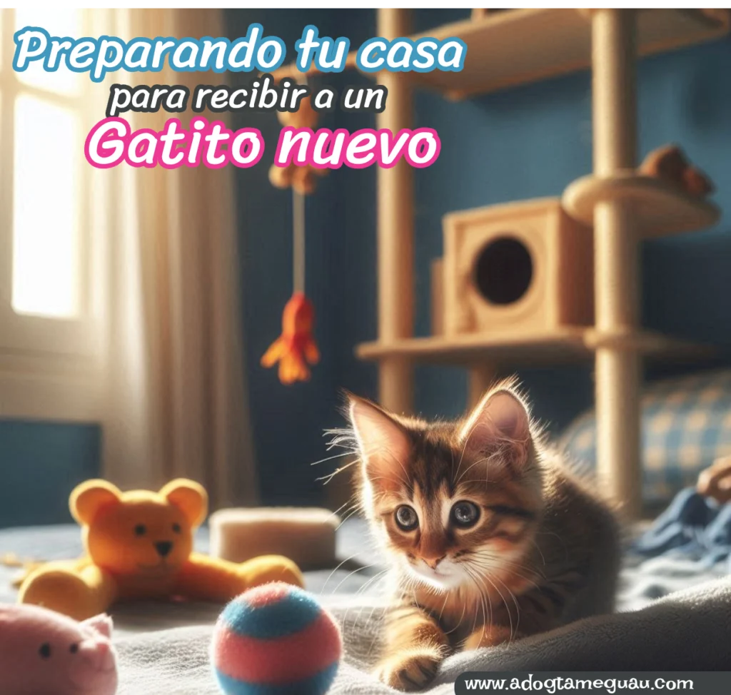 Gato explorando su nuevo hogar con juguetes y cama