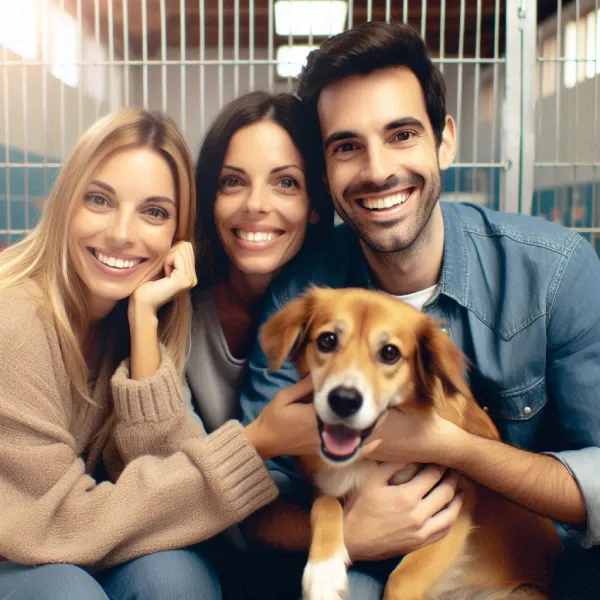Personas adoptando a un perro en una perrera